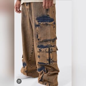 BoohooMan USA Men's Acid Wash Tan Black Denim Cargo Jeans Baggy Fit 90s, sz 30